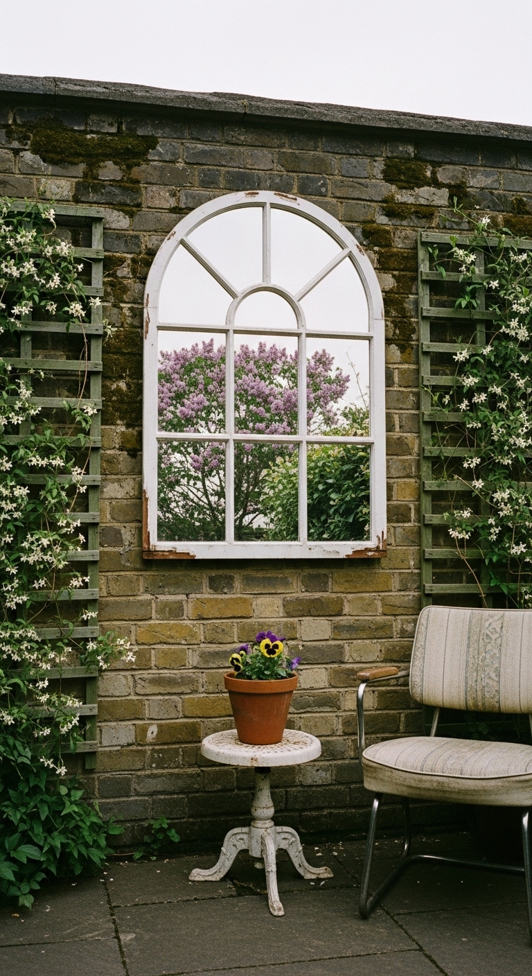 arched window frame with mirror panels under which sits a table and chair