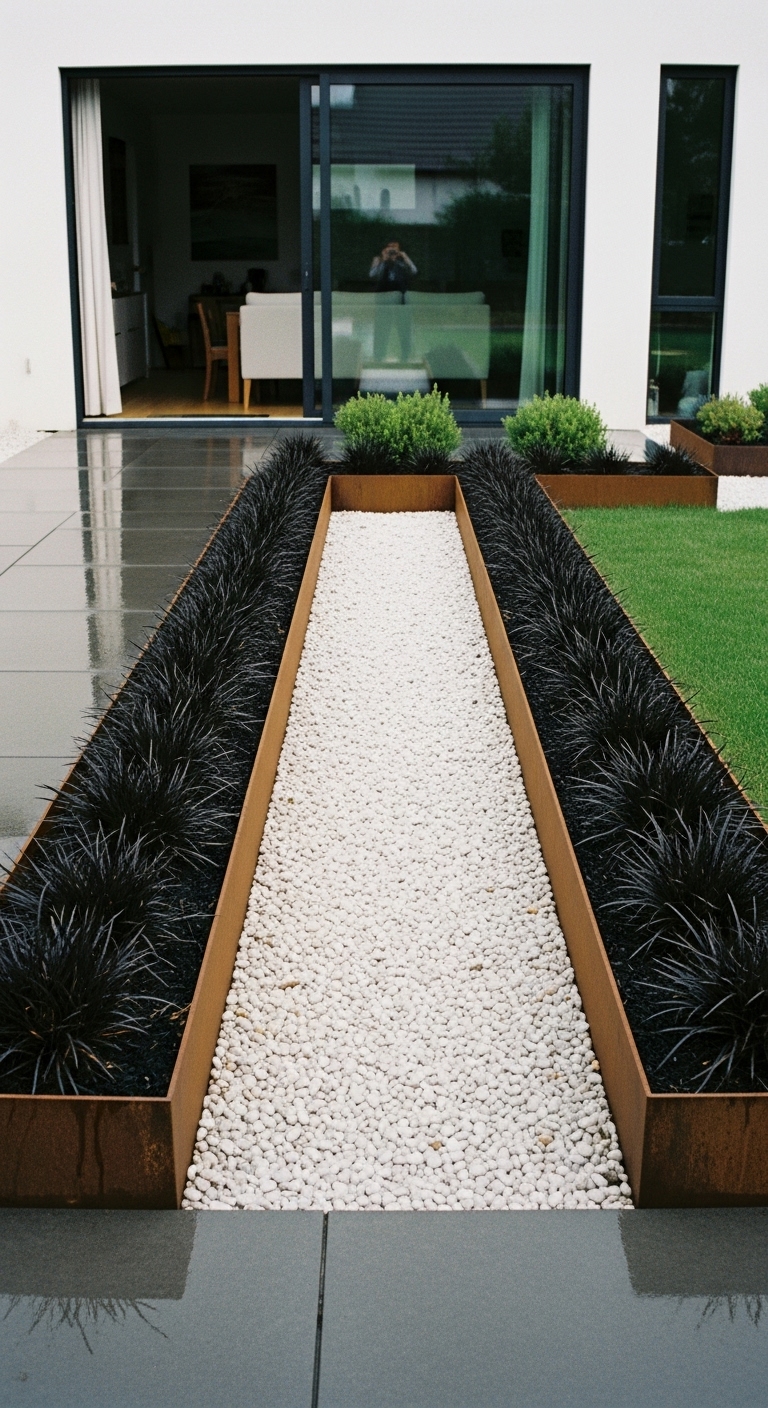 Modern minimalist parterre garden Cor-ten steel edges and black mondo grass