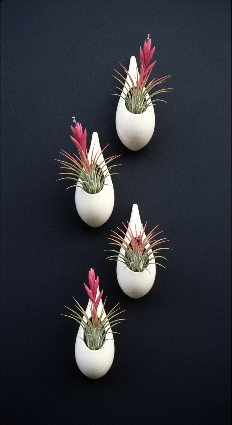 Teardrop-shaped ceramic pods with Pink quill air plants