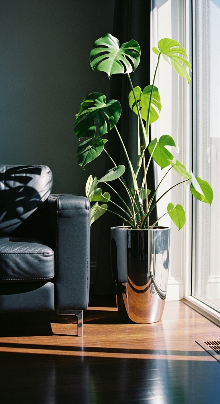 A monstera in a chrome pot next to black leather sofa