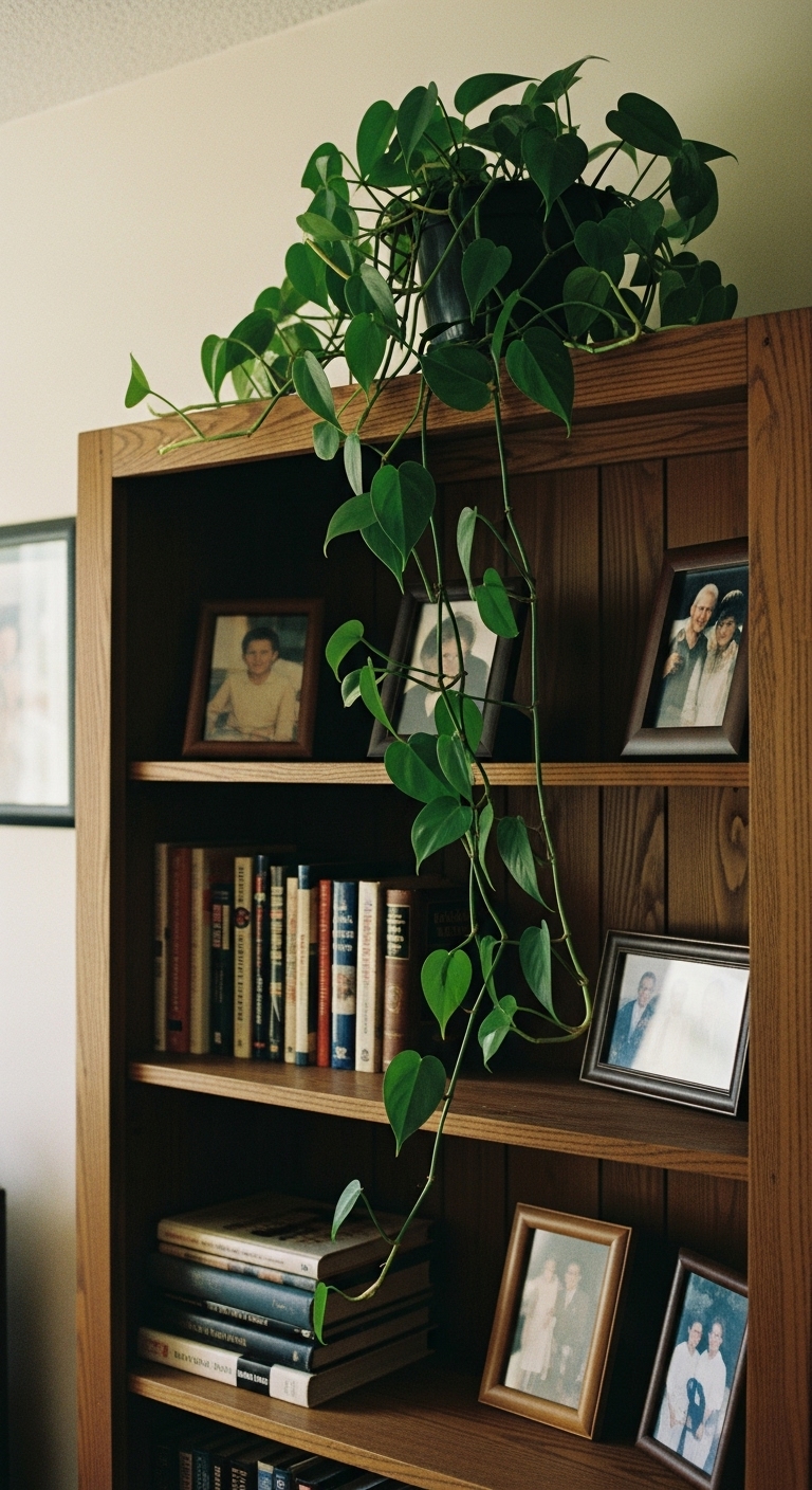 Heartleaf Philodendron sits on the top of a wiooden bookcase