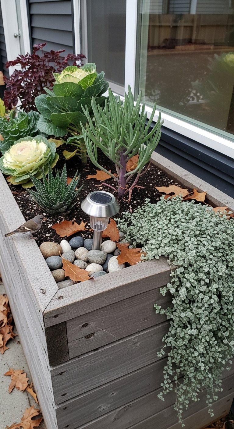 Architectural succulents, ornamental cabbage on stems, and cascading dichondra 'Silver Falls'