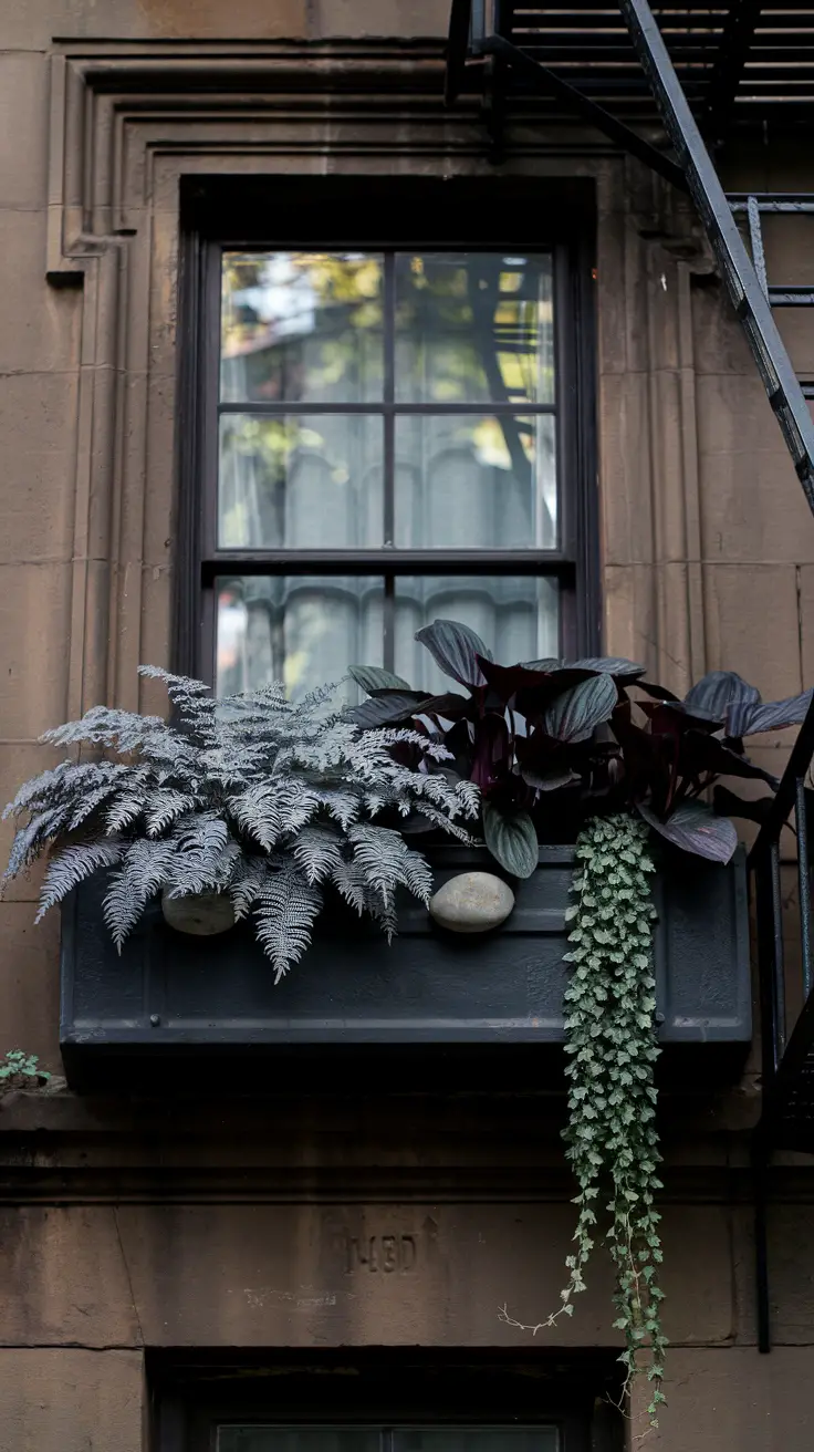 Japanese Painted Fern are next to the almost-black leaves of a Coral Bells plant with trailing Vinca over the edge