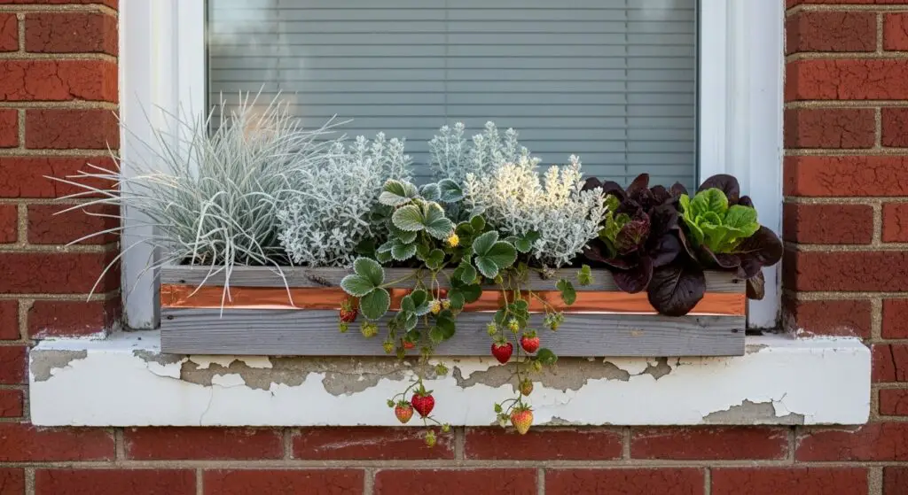 Silver-leafed helichrysum, burgundy lettuce leaves and "Sweet Charlie" trailing strawberries