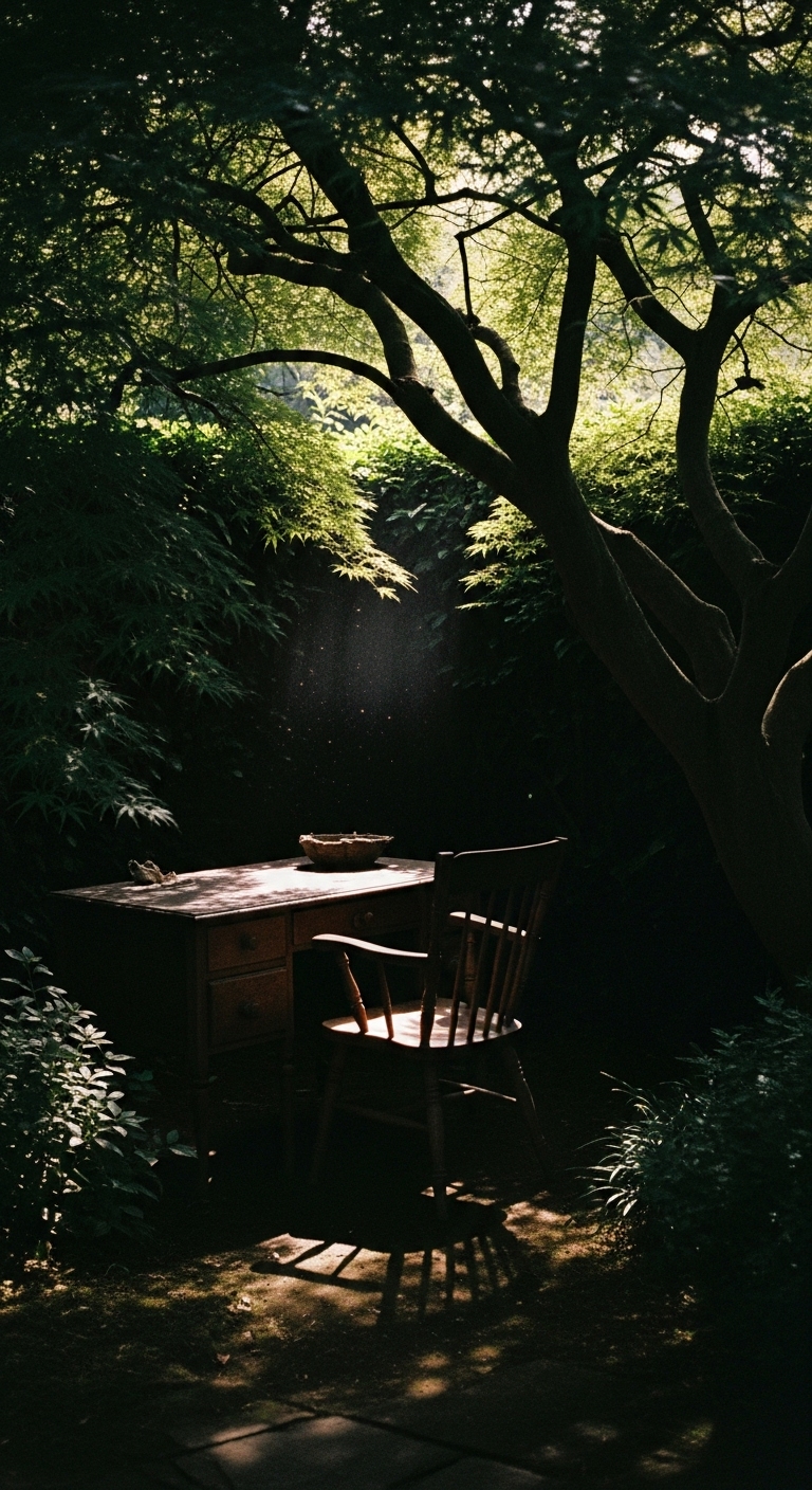 A rickety wooden desk under a a large Japanese maple.