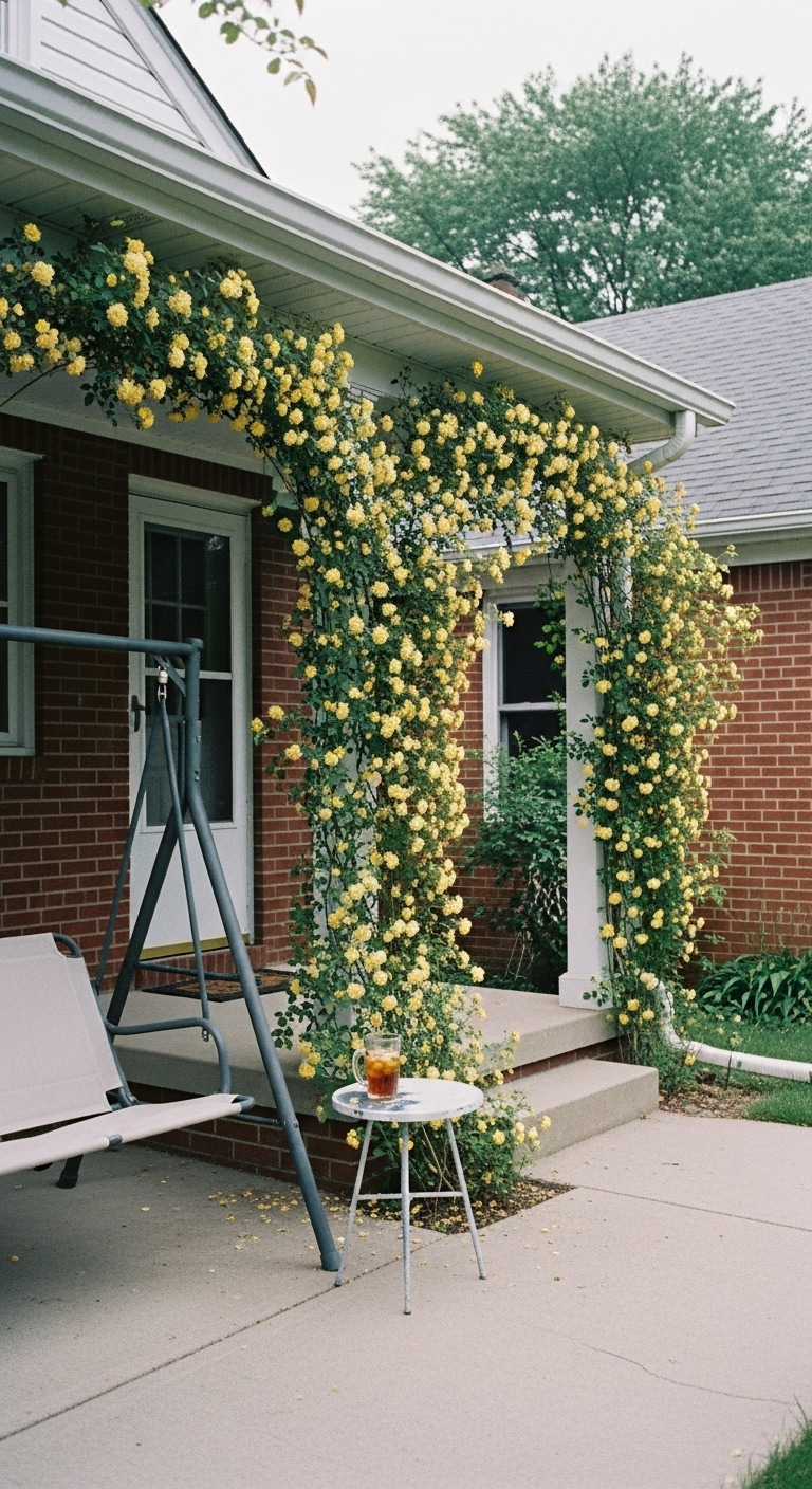 Lady Banks' climbing rose trained to grow up the porch posts