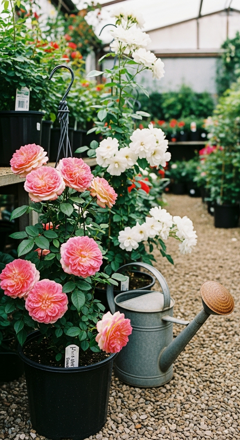 'Eden Rose' with large, heavy-headed pink and cream blooms Next to it is a pot with a 'Climbing Iceberg'