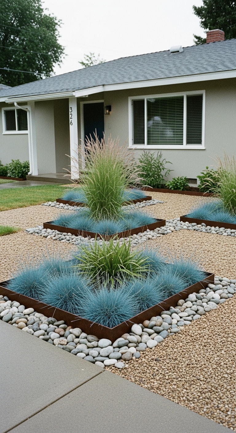 Ornamental grasses replace traditional boxwood with Blue festuca grass adding color