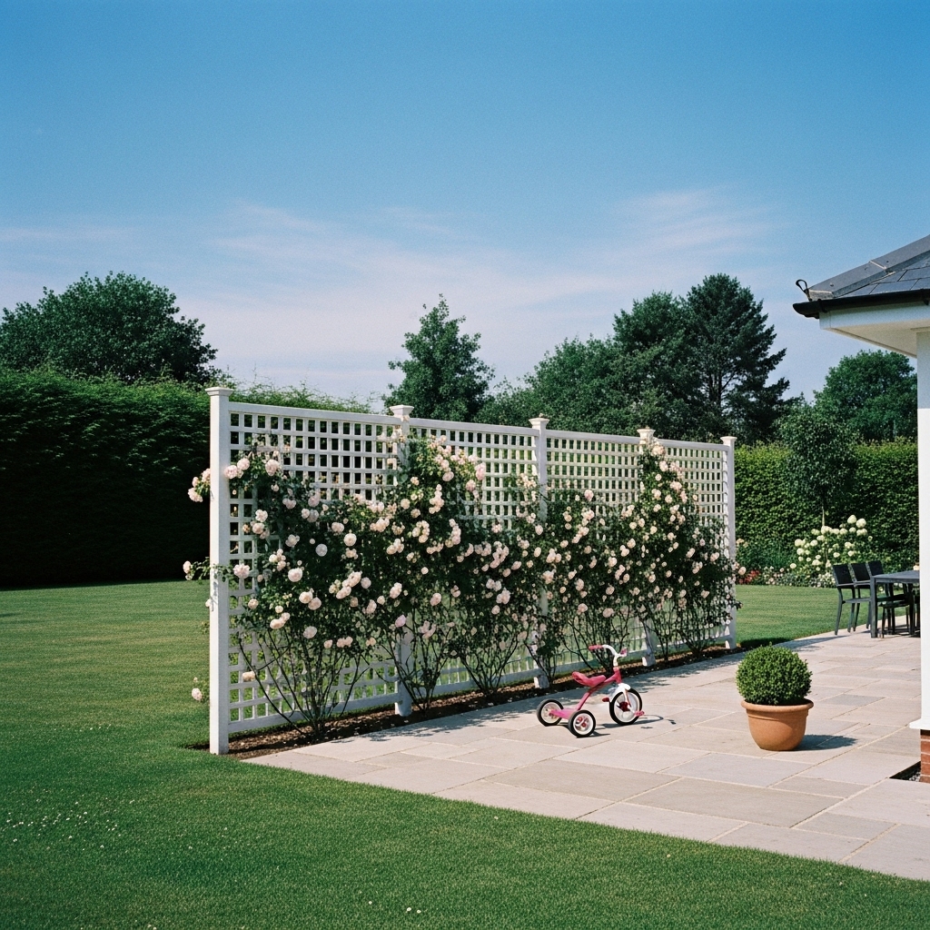 screen made of connected white lattice panels with 'Climbing Iceberg' rose