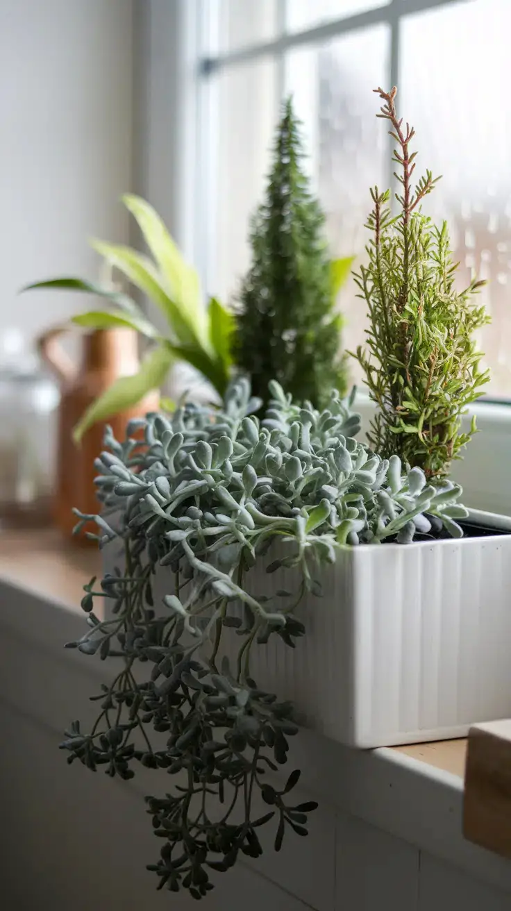 Silvery curry plant cascading over the edge, miniature lemon cypress standing upright , and a sarcococca