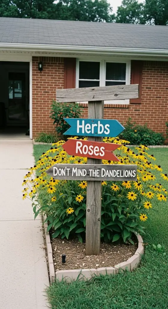 small, hand painted signs pointing in different directions