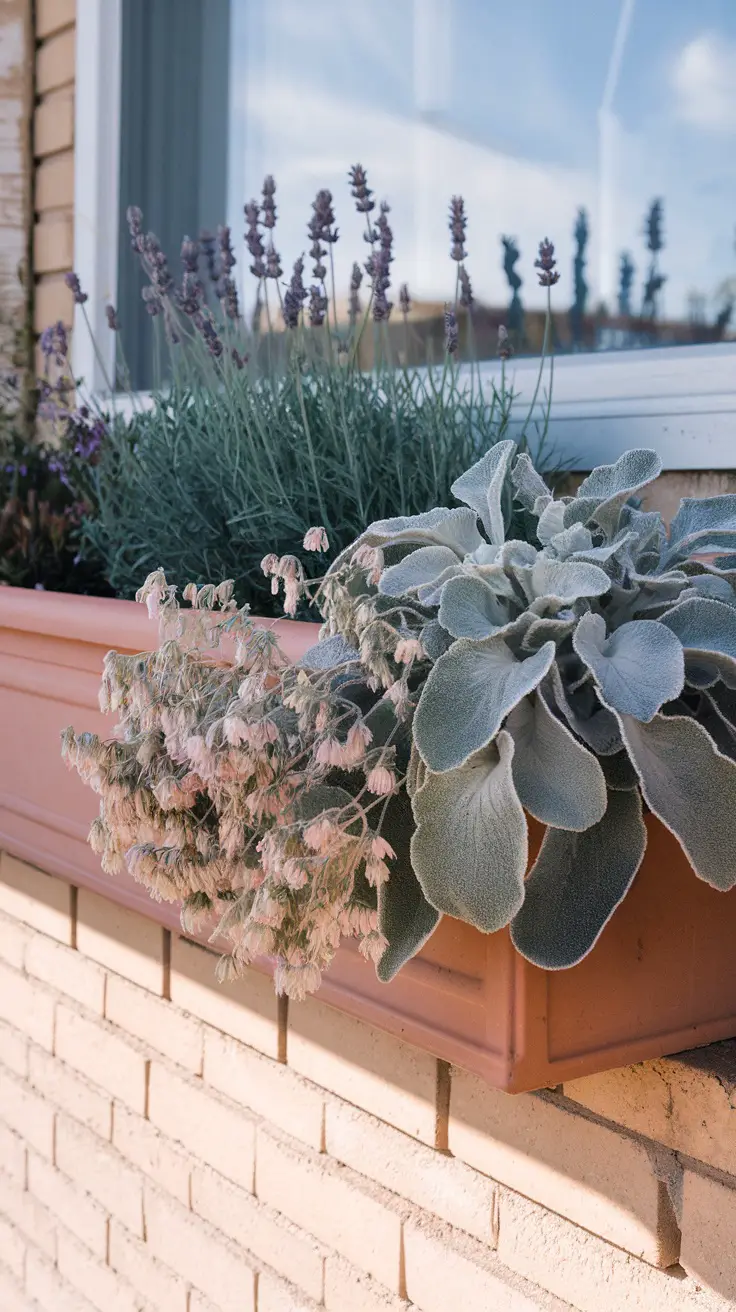 Lavender, Ornamental Oregano ('Kent Beauty') spills over the front, Anchoring the composition are the huge, fuzzy, silvery-white leaves of a Silver Sage,