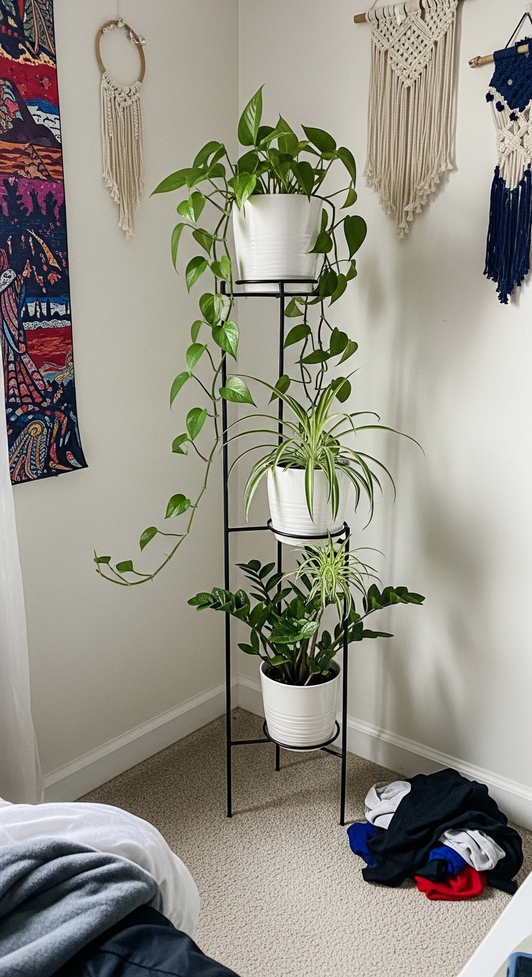 Plant tower with heartleaf philodendron, spider plant on the middle tier and ZZ plant sits on the bottom