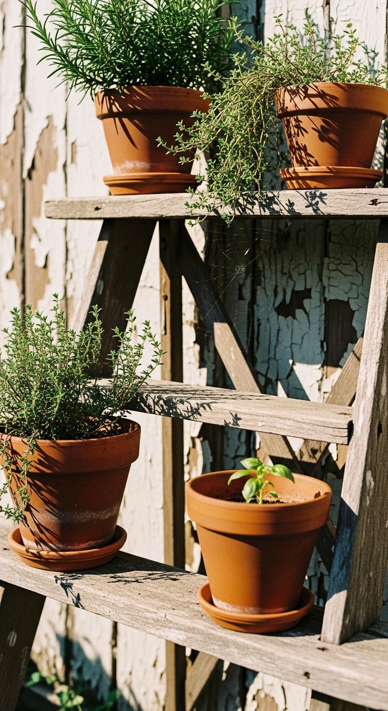 weathered wooden stepladder upcycled into plant stand