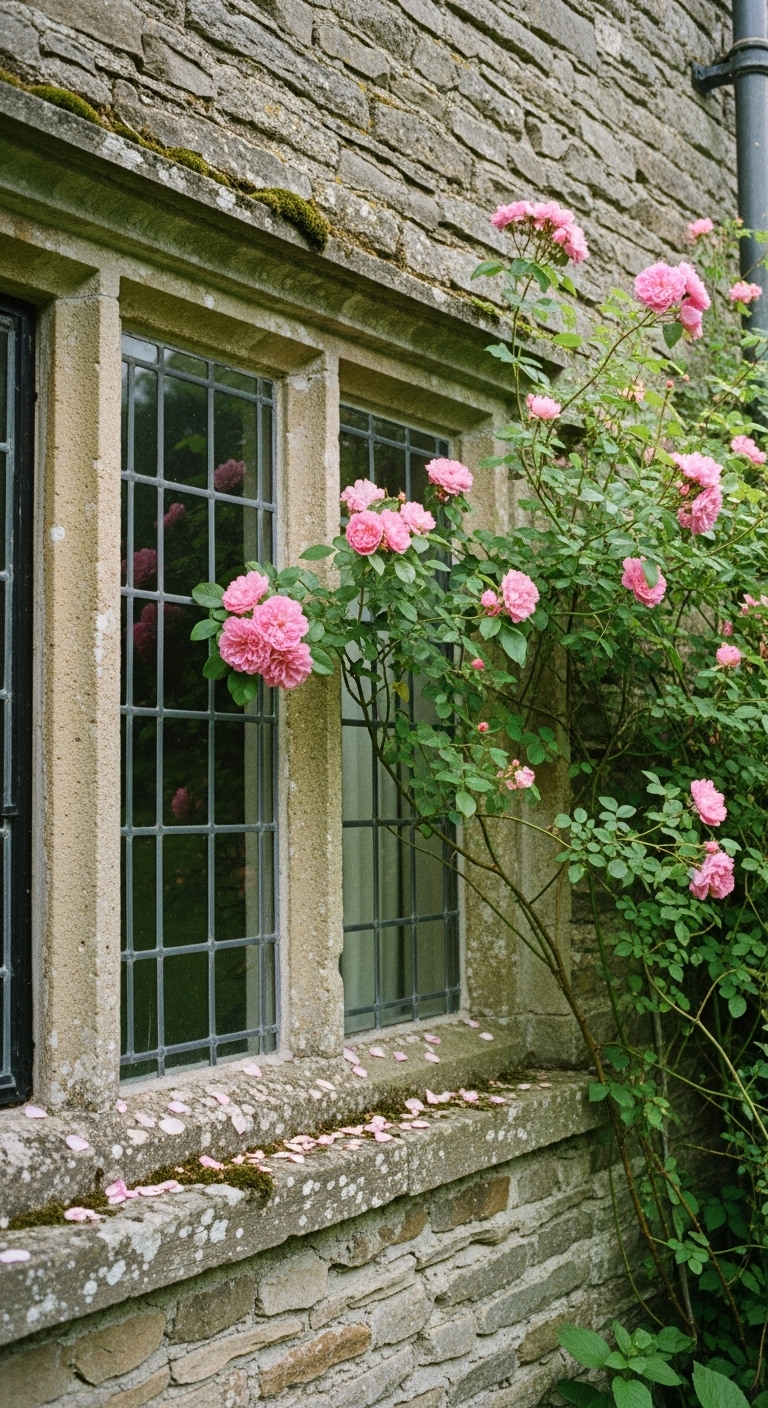 Eden Rose climbs up wall of an old stone cottage