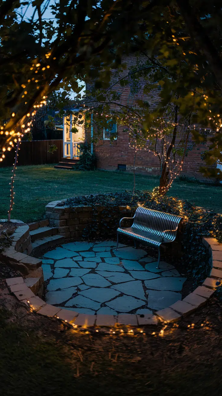 Sunken patio with metal bench