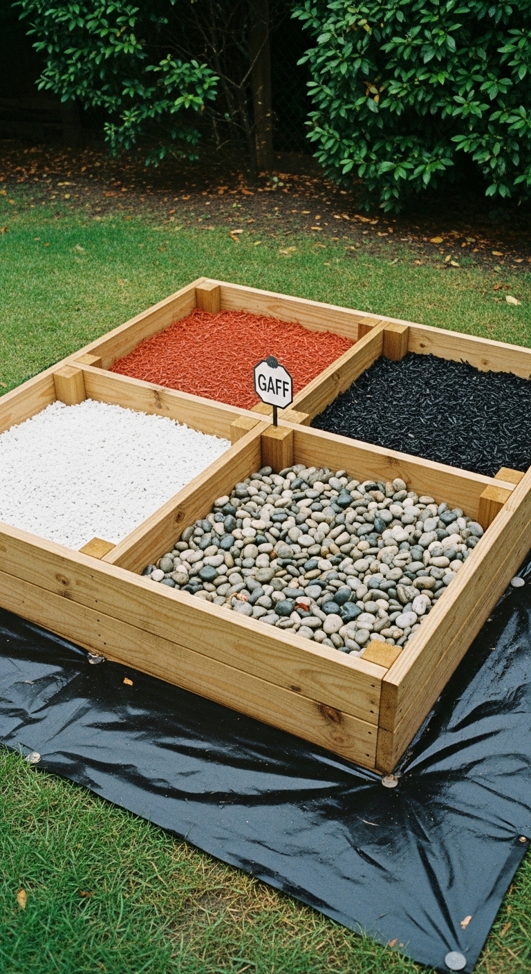 Temporary parterre garden. Red mulch fills one box, white marble chips another, black mulch the third, and river rocks the fourth