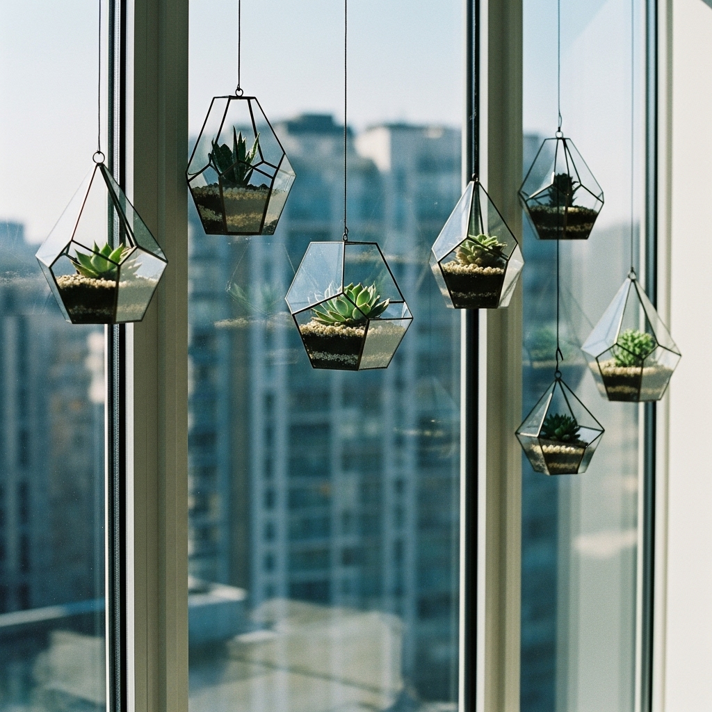Succulents in hanging geometric shaped terrariums
