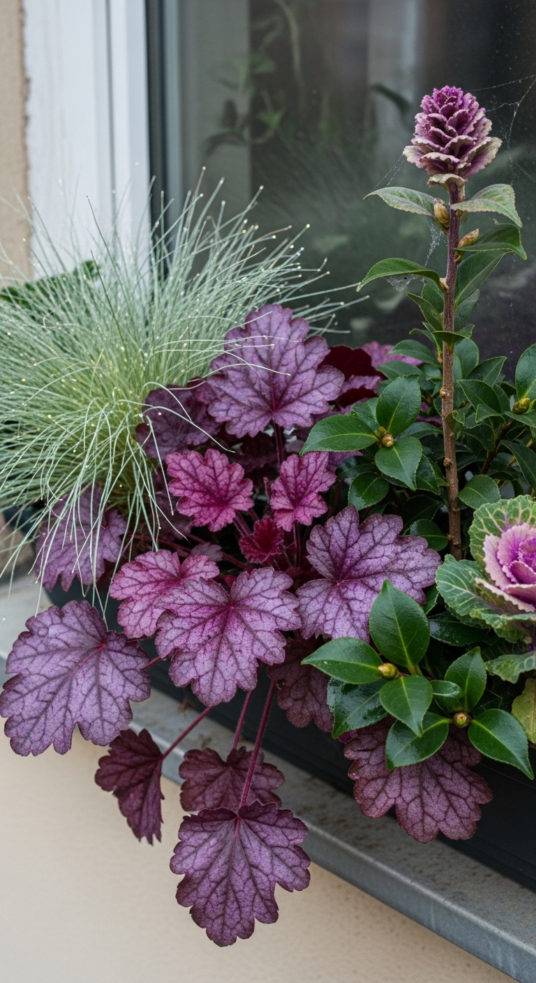 matte purple heuchera leaves, glossy dwarf camellia, with wispy fiber optic grass spilling over, and a sculptural ornamental cabbage on a natural stem
