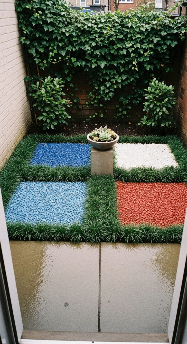 Colored gravel - blue, white, red, and gray - fills the beds in tiny garden