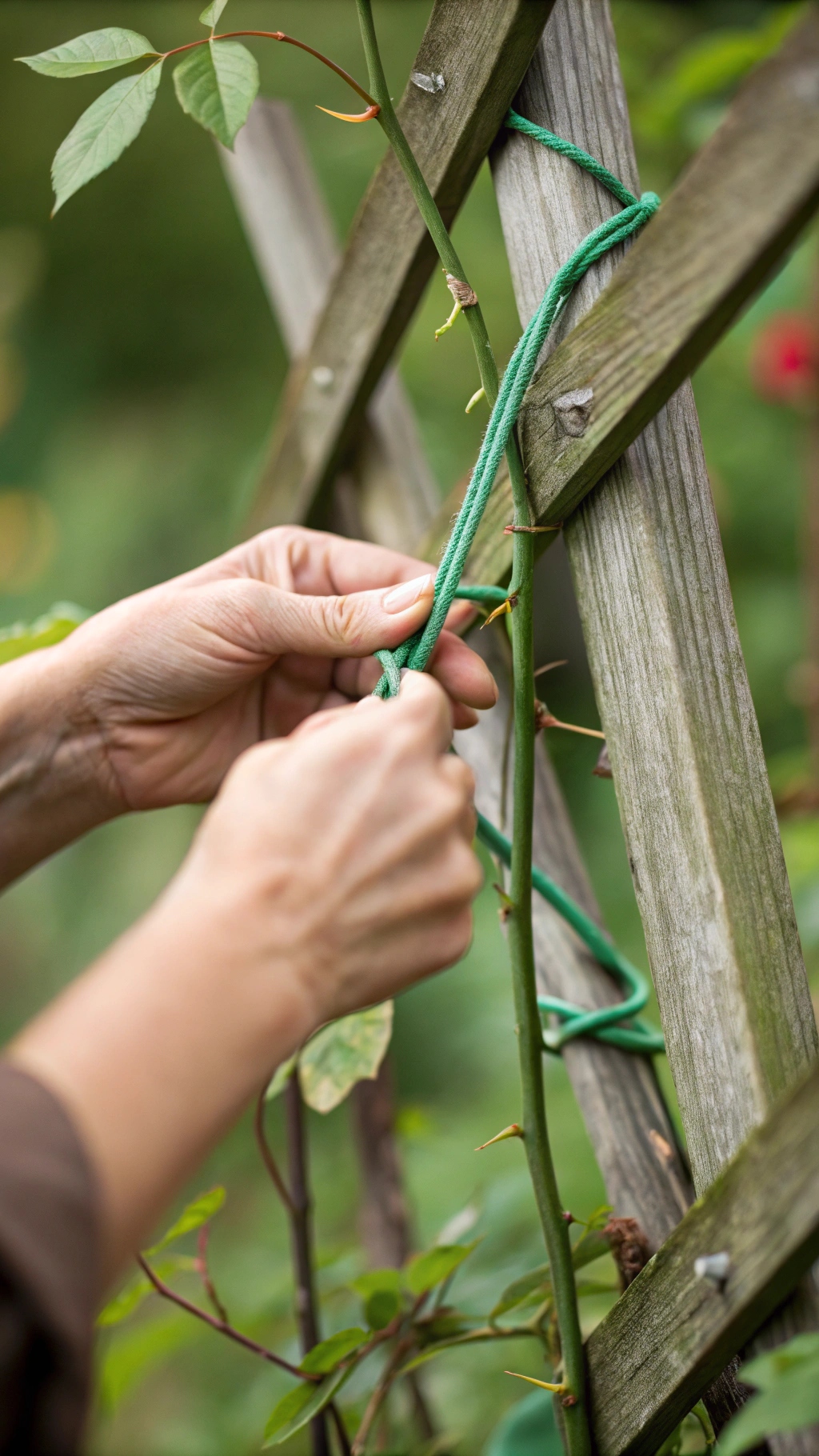 Tying a climbing rose to a trellis