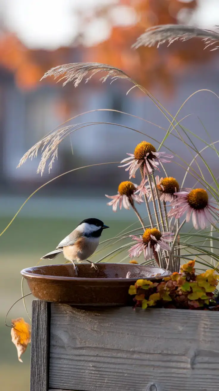 Dried out echinacea seed heads next to a shallow ceramic dish serving as a mini birdbath