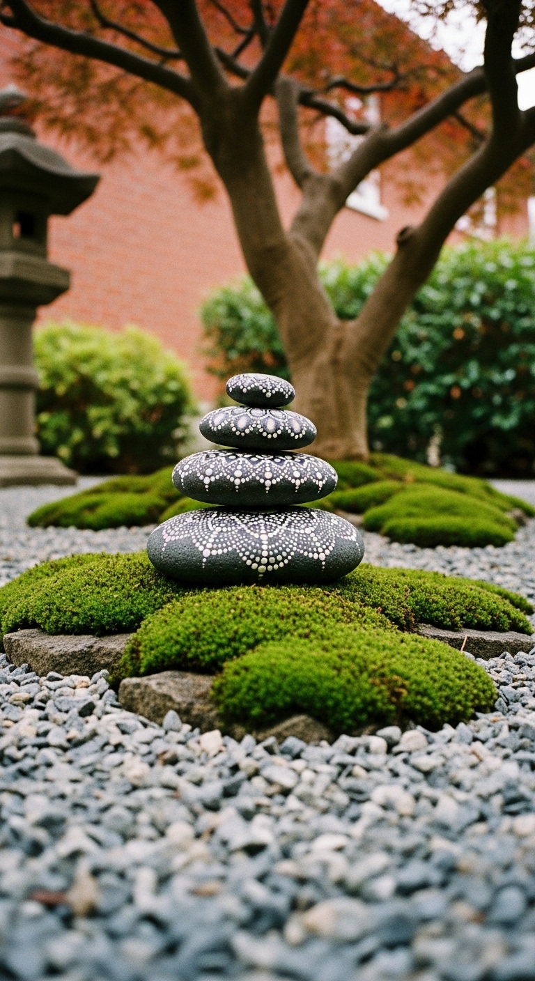 stack of Zen stones painted with white dot mandala pattern