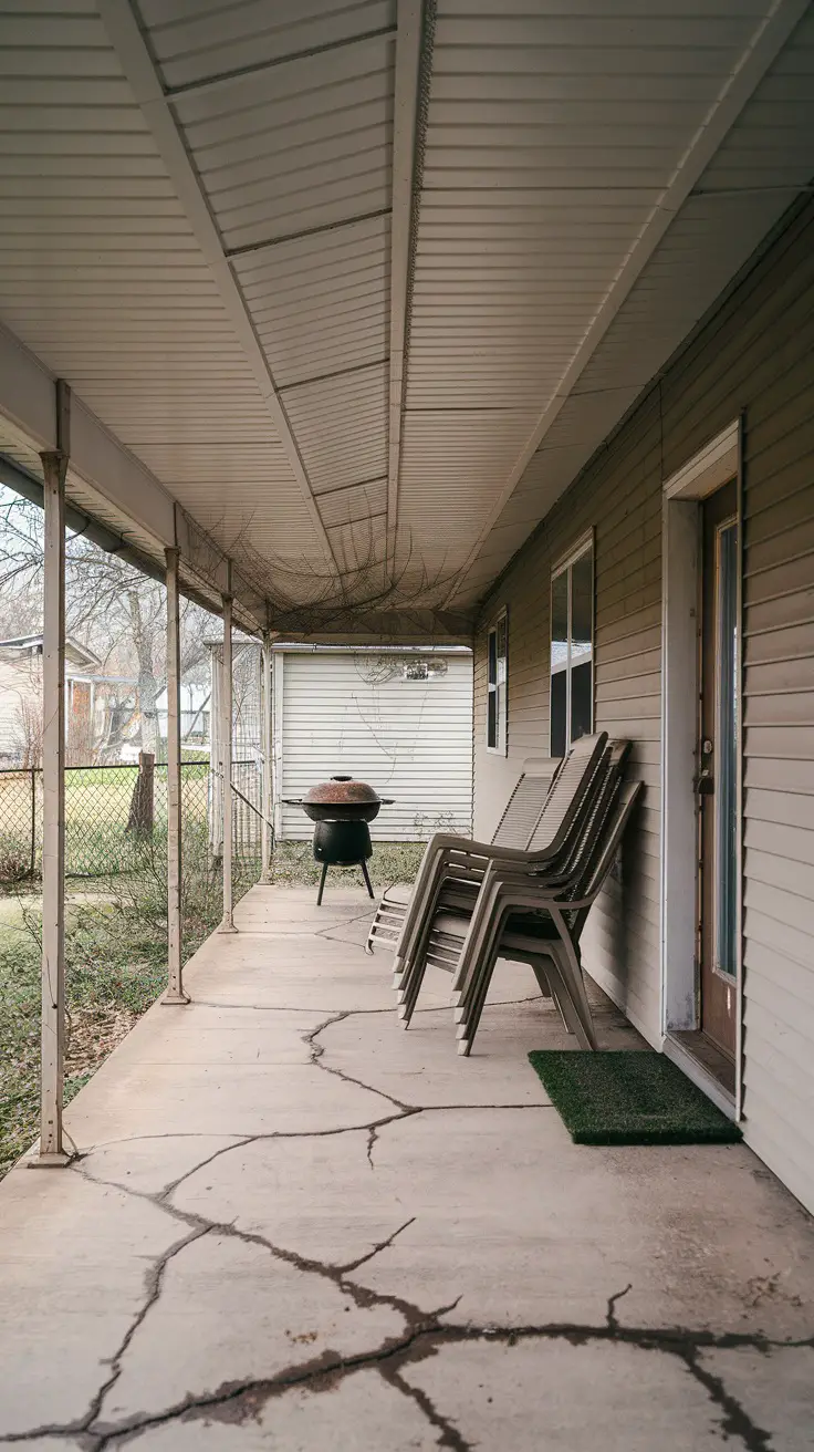 Back porch of a 1960s split-level home in need of renovation