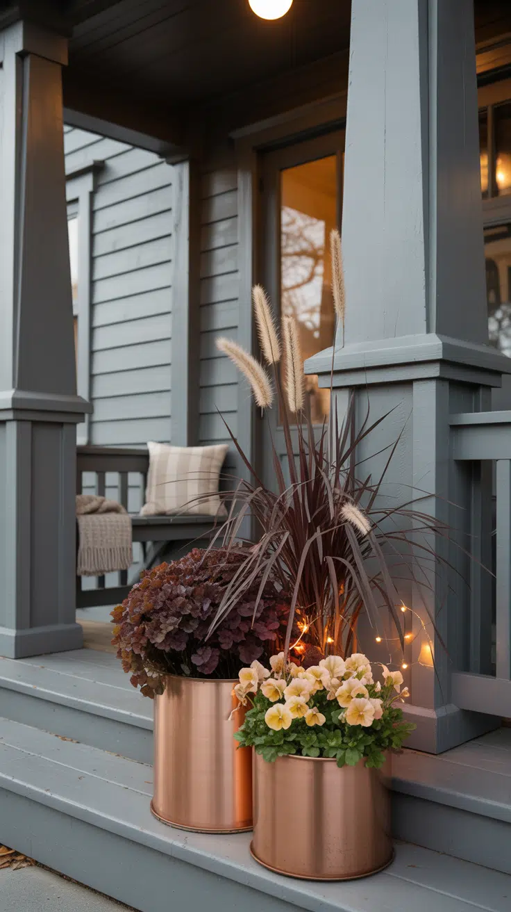 Fall Craftsman porch planters Heuchera (Coral Bells), grass plumes, and creamy pansies