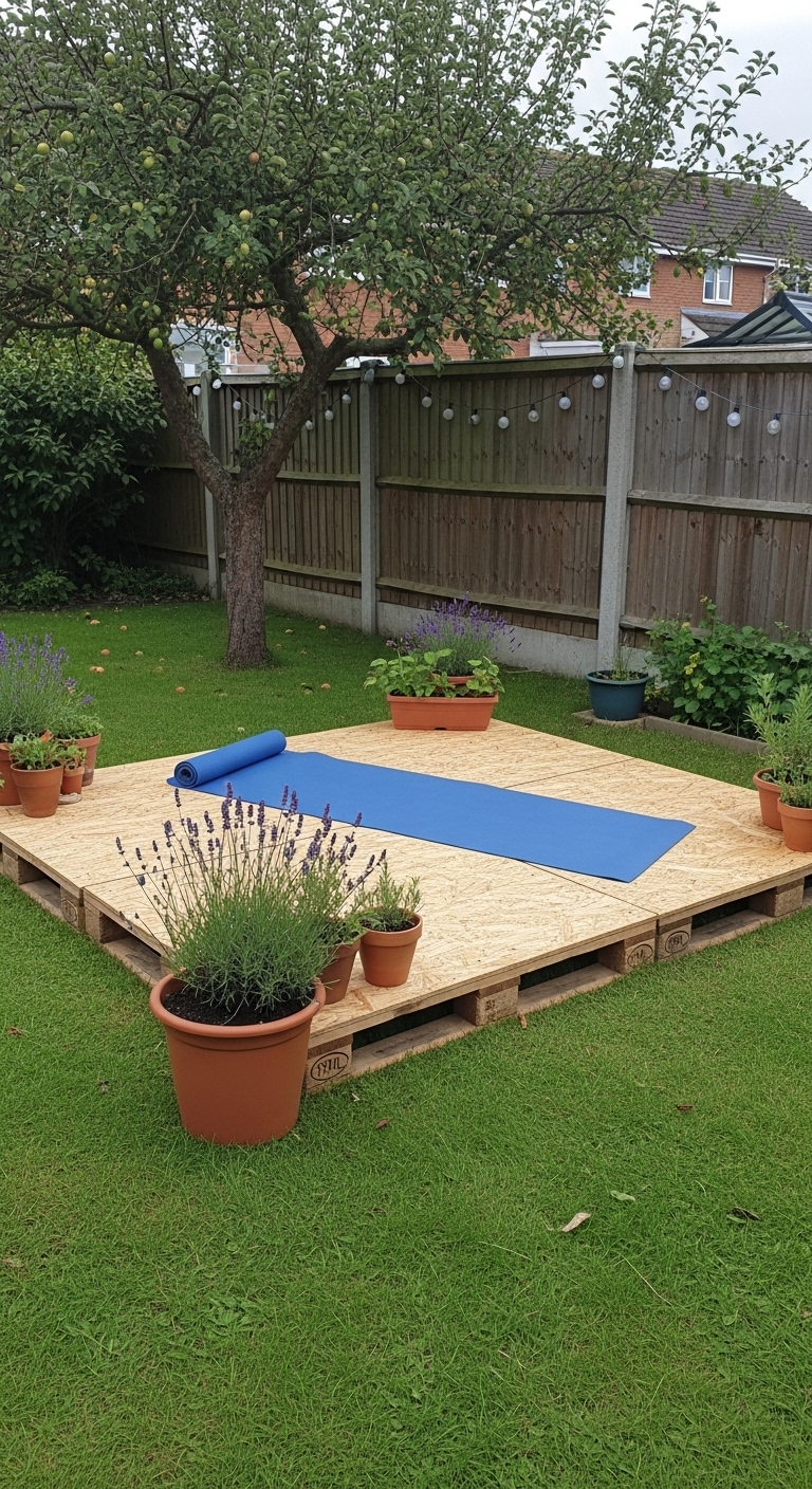Pallets used to create a platform for yoga in the garden. Terracotta pots with herbs decorate the corners of the platform