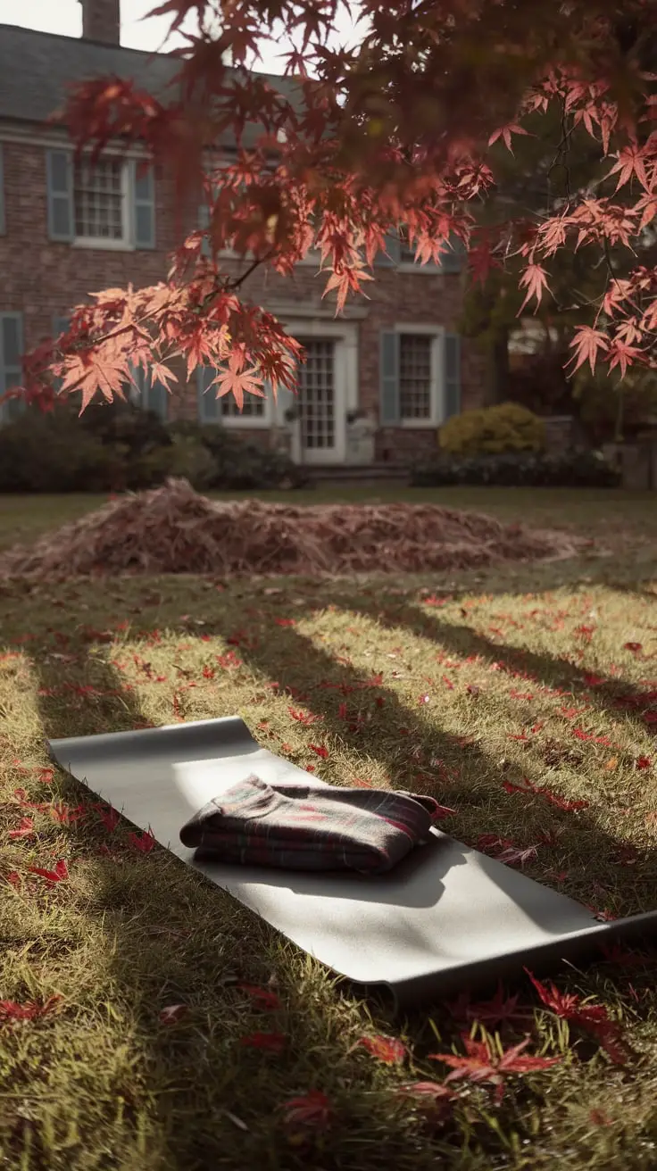 Fall garden with mat ready for a yoga session