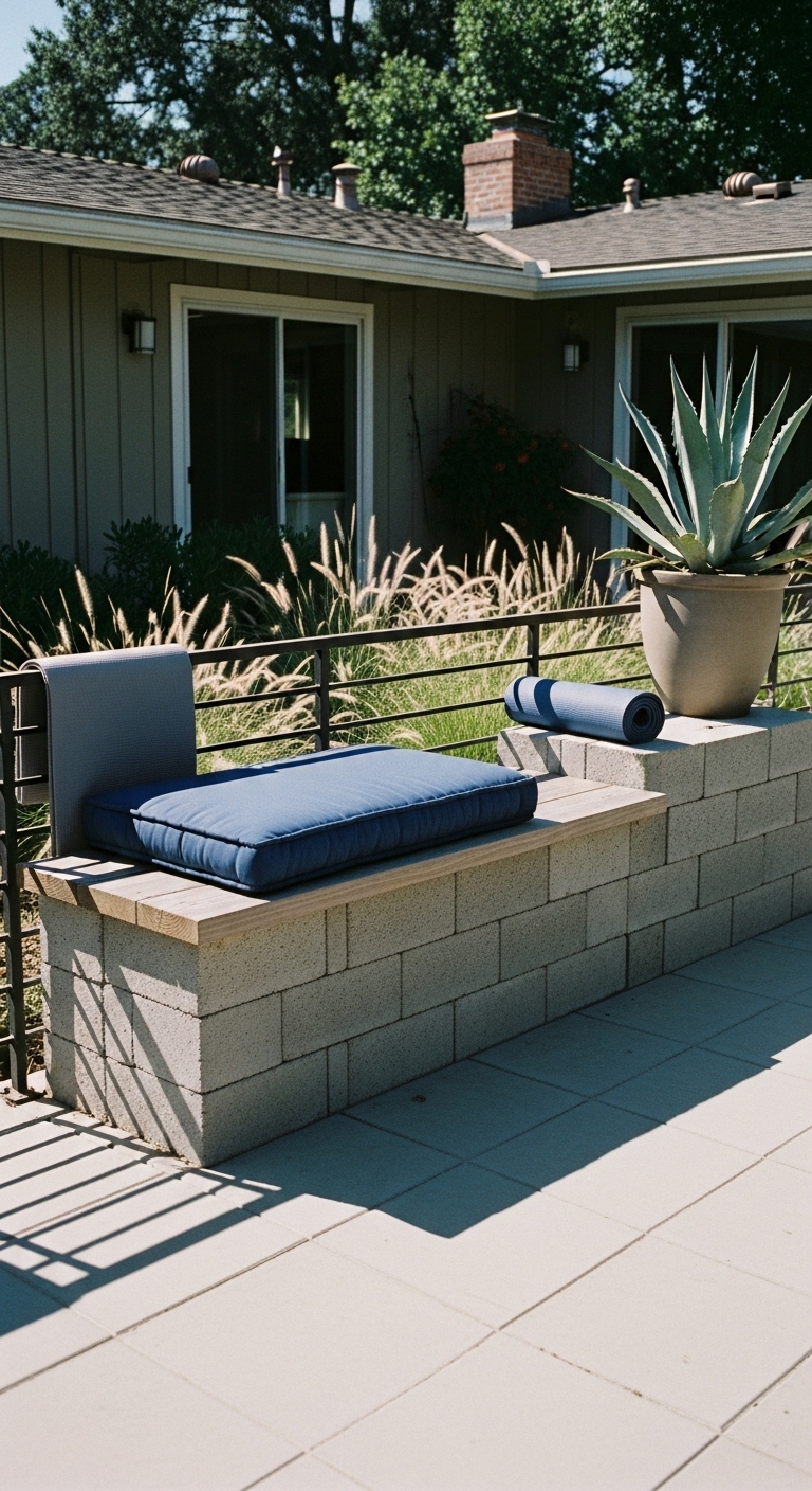 A low, built-in meditation bench made from stacked, smooth concrete blocks with a simple cedar plank top that has weathered to a soft grey.