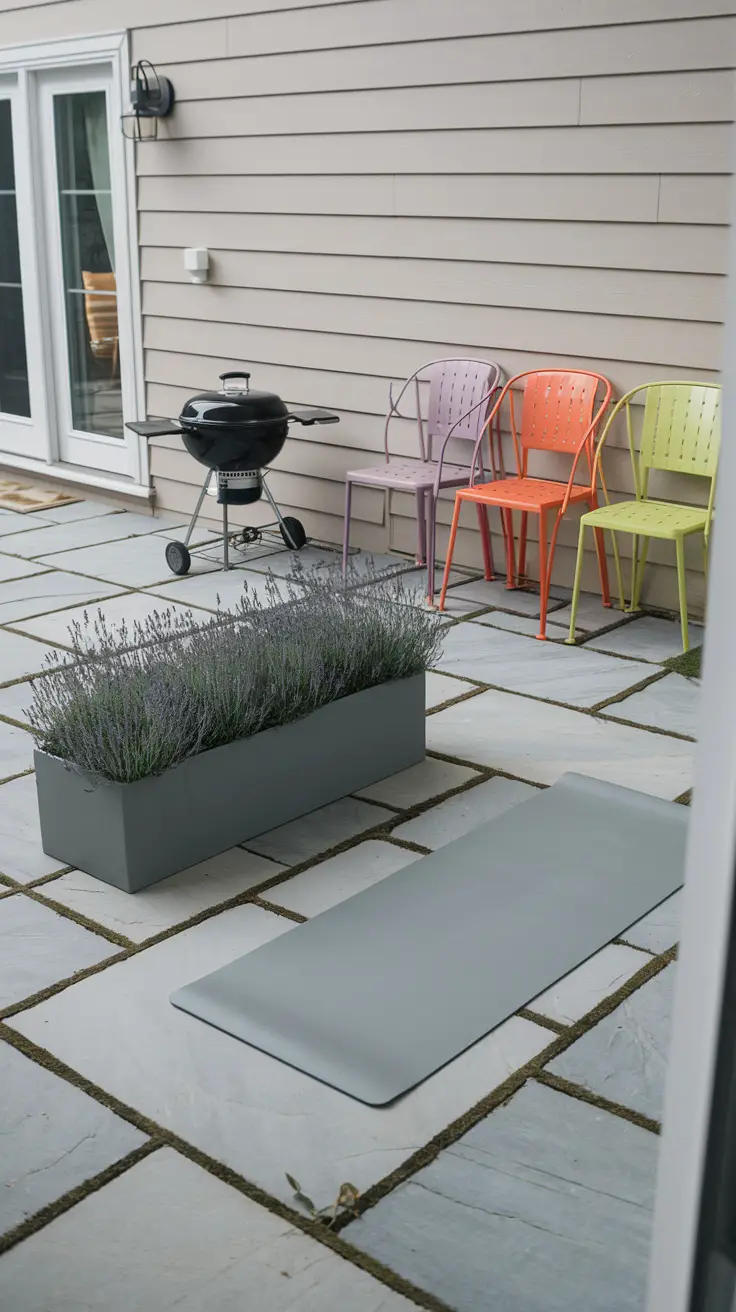 flagstone patio behind a house, designed for flexibility. A yoga space: a grey yoga mat is laid out, facing a large, movable planter box filled with calming, fragrant Lavender.