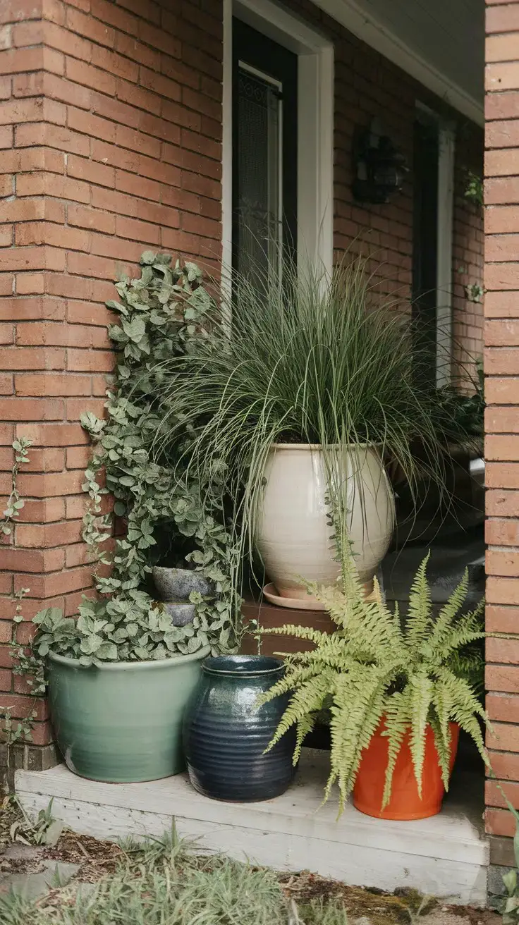 Shade fall planters featuring Japanese forest grass fountains from the largest pot, creeping Jenny and japanese ferns