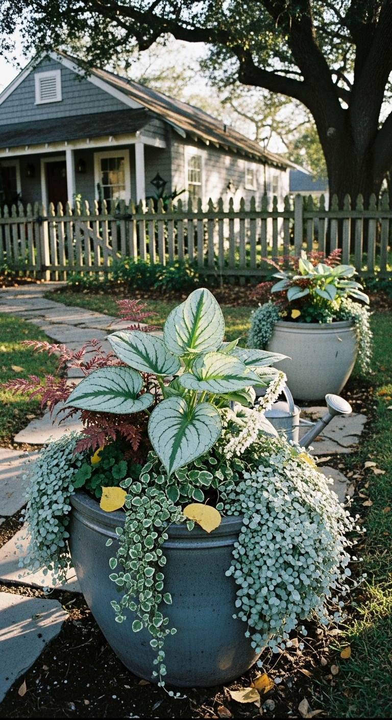 Shade fall planter featuring 'Jack Frost' Brunnera with Dusty Miller (Senecio cineraria), and at the front edge, Dichondra 'Silver Falls'