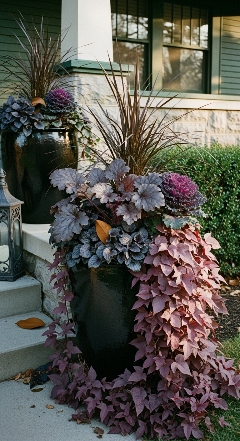 Shade fall planters featuring 'Obsidian' Heuchera, with clumps of black mondo grass (Ophiopogon planiscapus 'Nigrescens'),. Ajuga 'Black Scallop', cand a ruffled rosette of deep purple ornamental kale ('Nagoya Black'),
