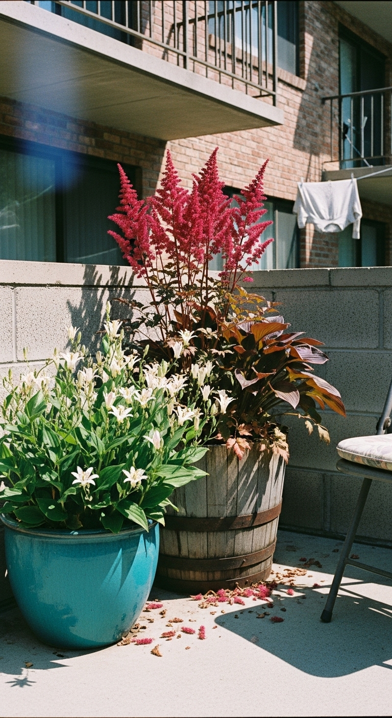 Shade fall planters; Toad Lily (Tricyrtis hirta 'White Pearl') with beside it, Astilbe 'Fanal'