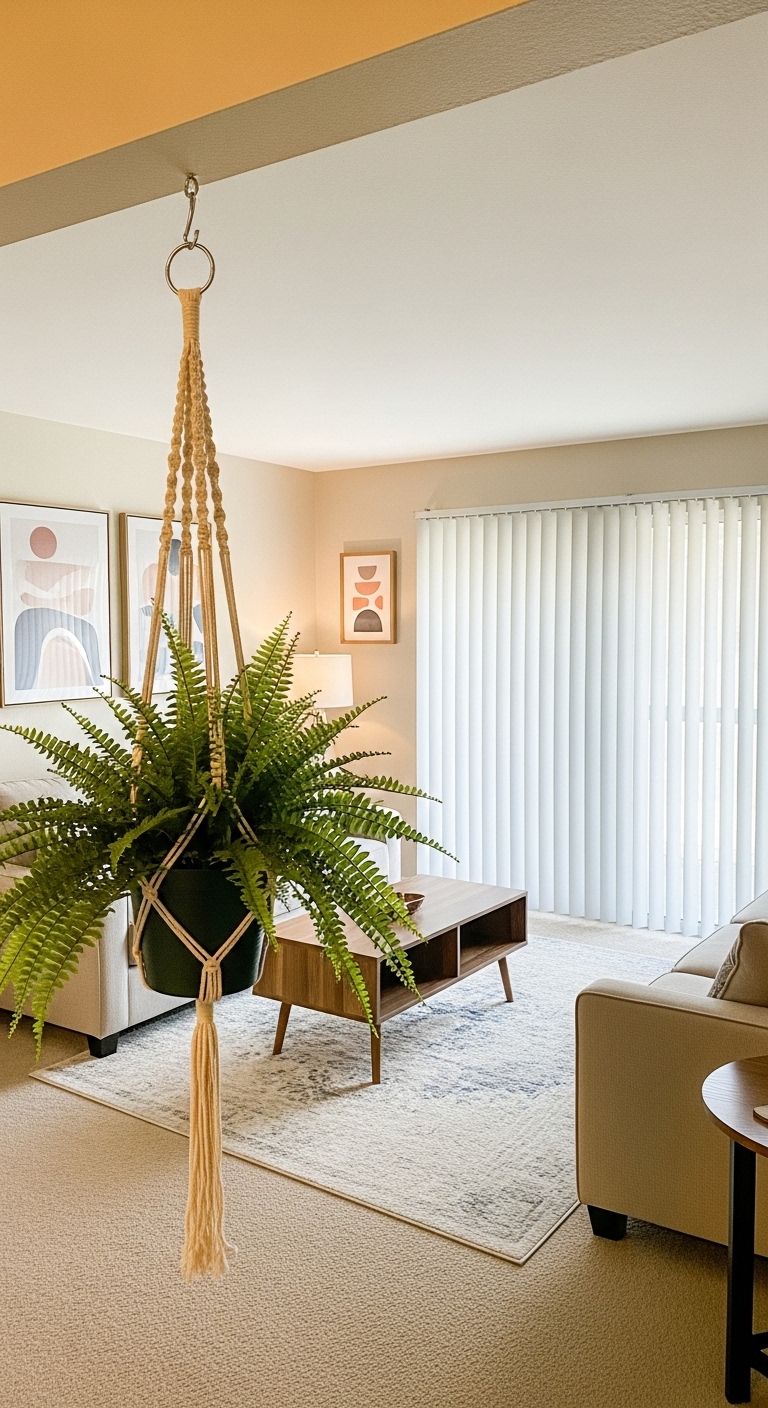 macrame hanger hook holds a Boston fern