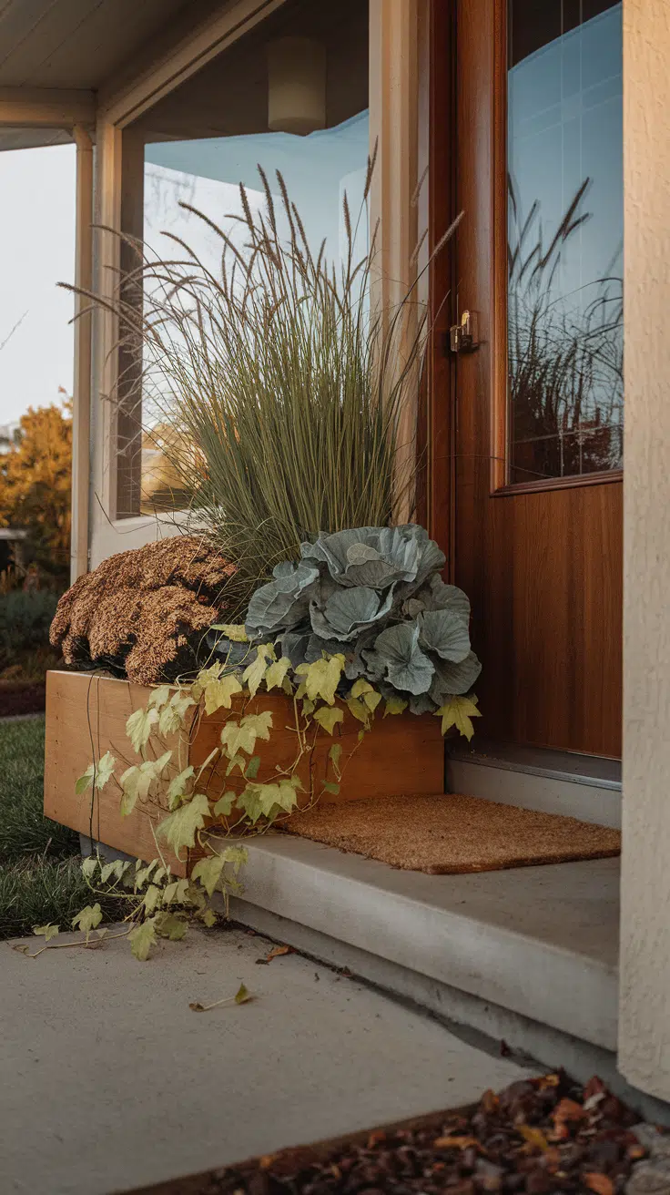 Fall porch planter with bronze mums and blue-green ornamental cabbage fill the middle, and chartreuse vines spill forward