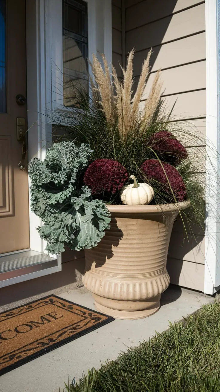 Fall planter with real ornamental kale and pennisetum grass dominate the arrangement, but tucked between them are two burgundy artificial mum sprays and a small artificial white pumpkin