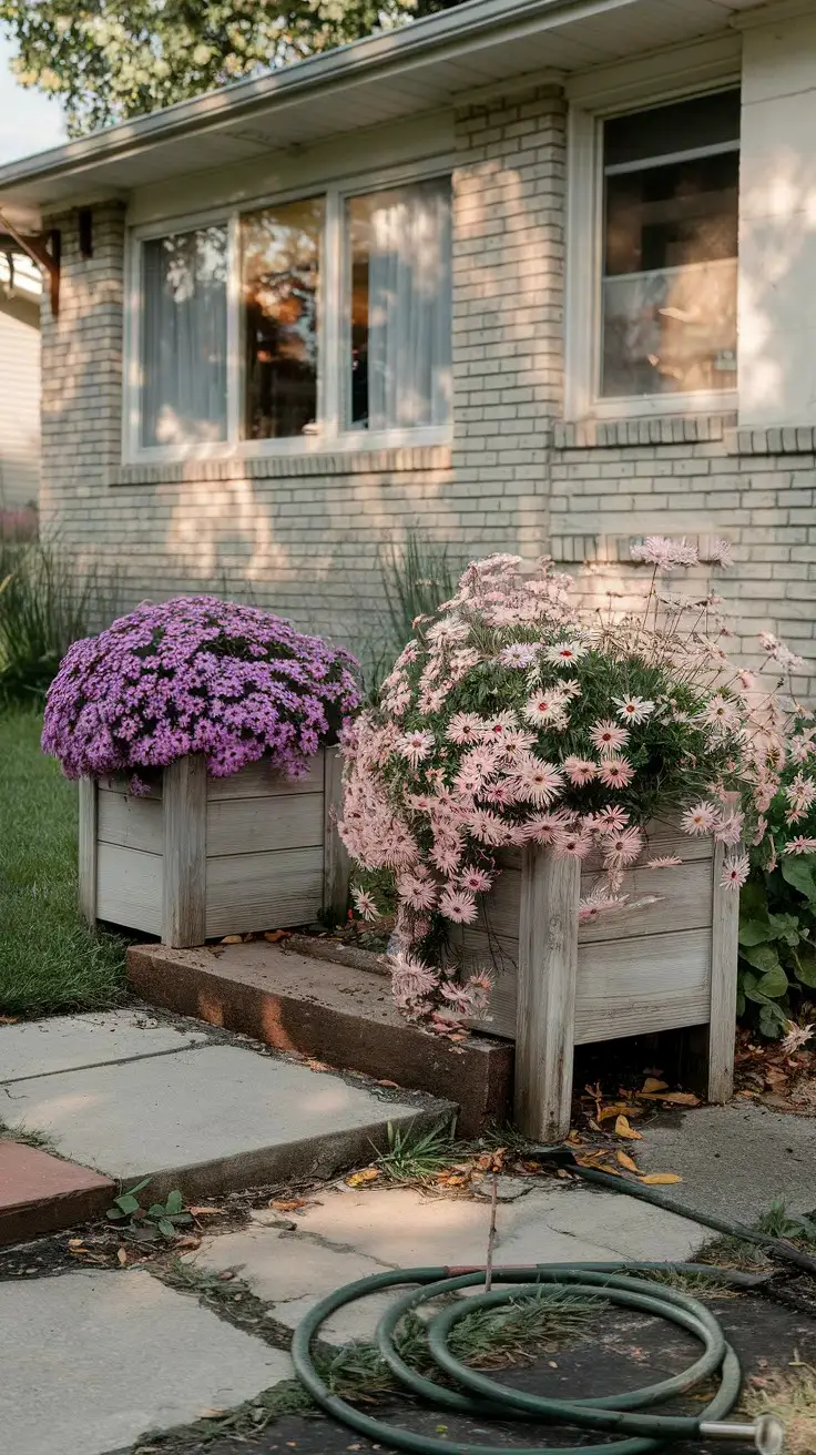 Two planter. One planter with deep purple Aster 'Purple Dome', . The other with Aster 'Wood's Pink',