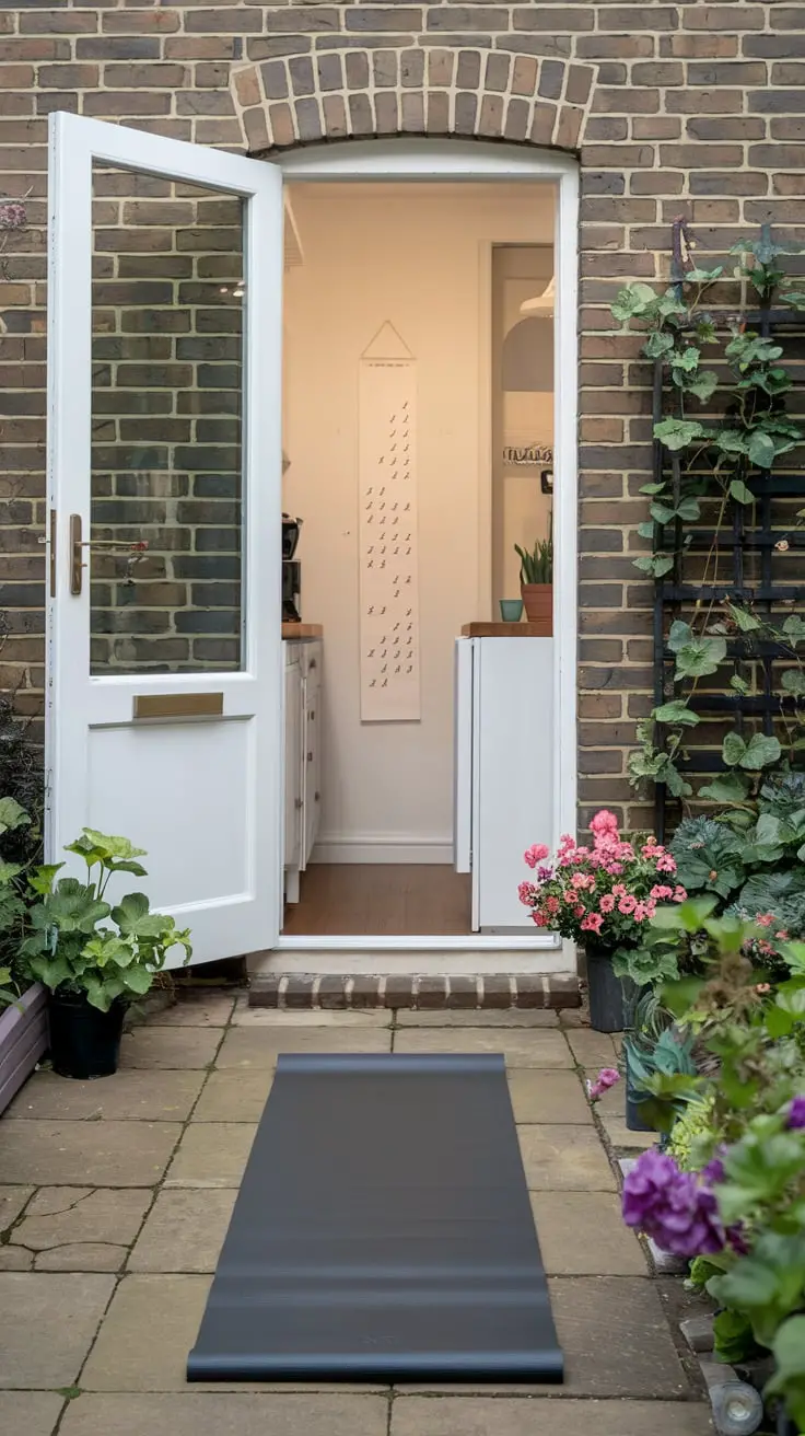 yoga mat laid out on a small narrow patio outside the back door