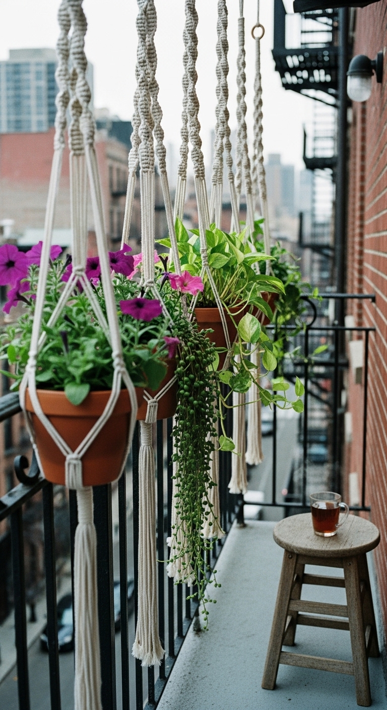 Balcony featuring macrame hangers with purple and pink Petunias, leafy Golden Pothos with its variegated leaves, and delicate String of Pearls