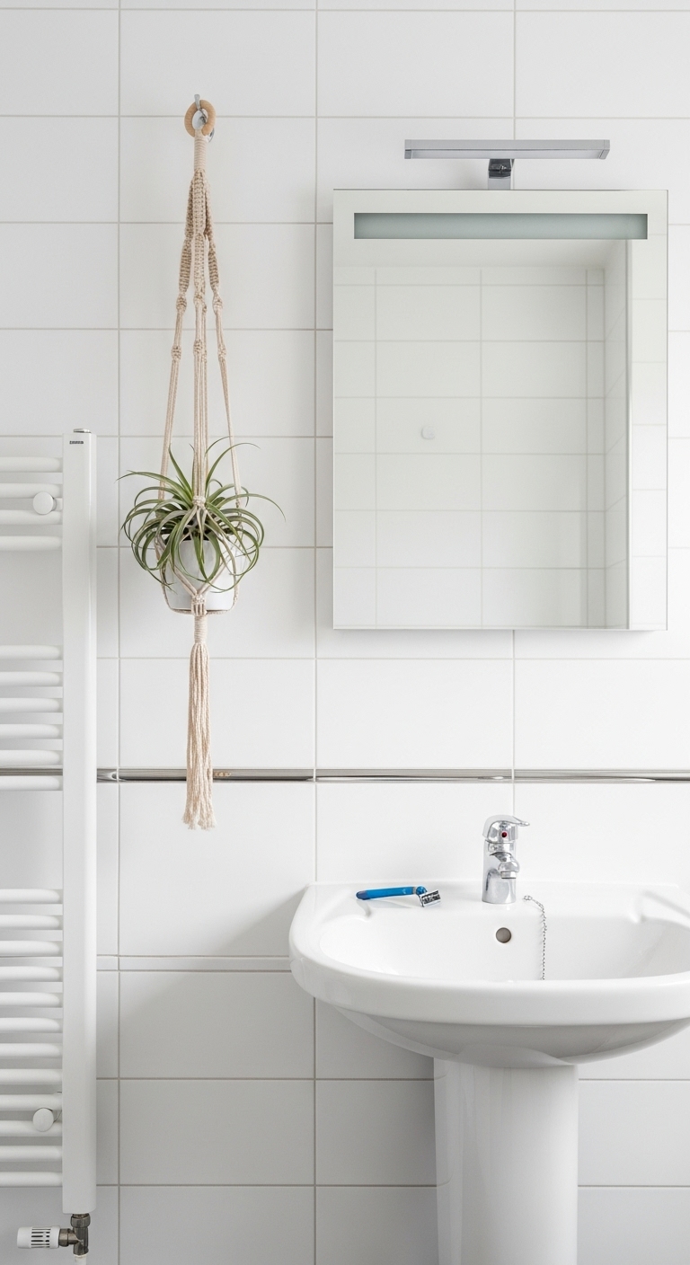 Single macrame hanger with just four cords and minimal knots holds a small air plant