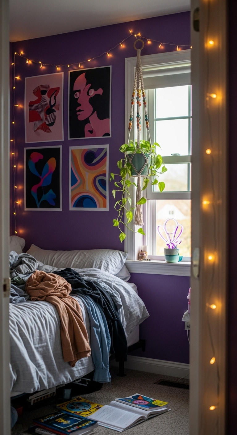 A macrame hanger decorated with colorful wooden beads holds a neon pothos near the window