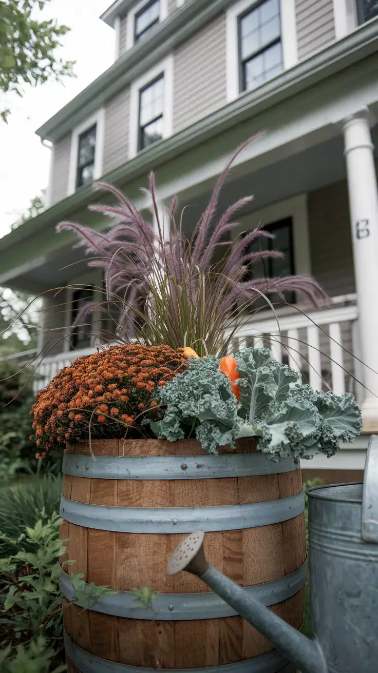 Fall porch barrel planter with rust mums, orange peppers, and plumes of Purple Fountain Grass. Blue-green kale cools the mix