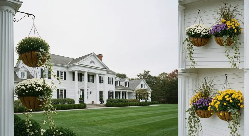 large colonial home with hanging baskets