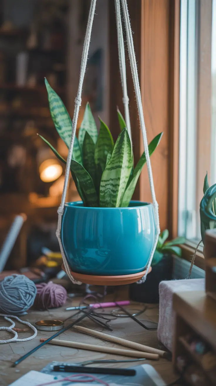 white macrame hanger holds a snake plant in a bright turquoise pot.