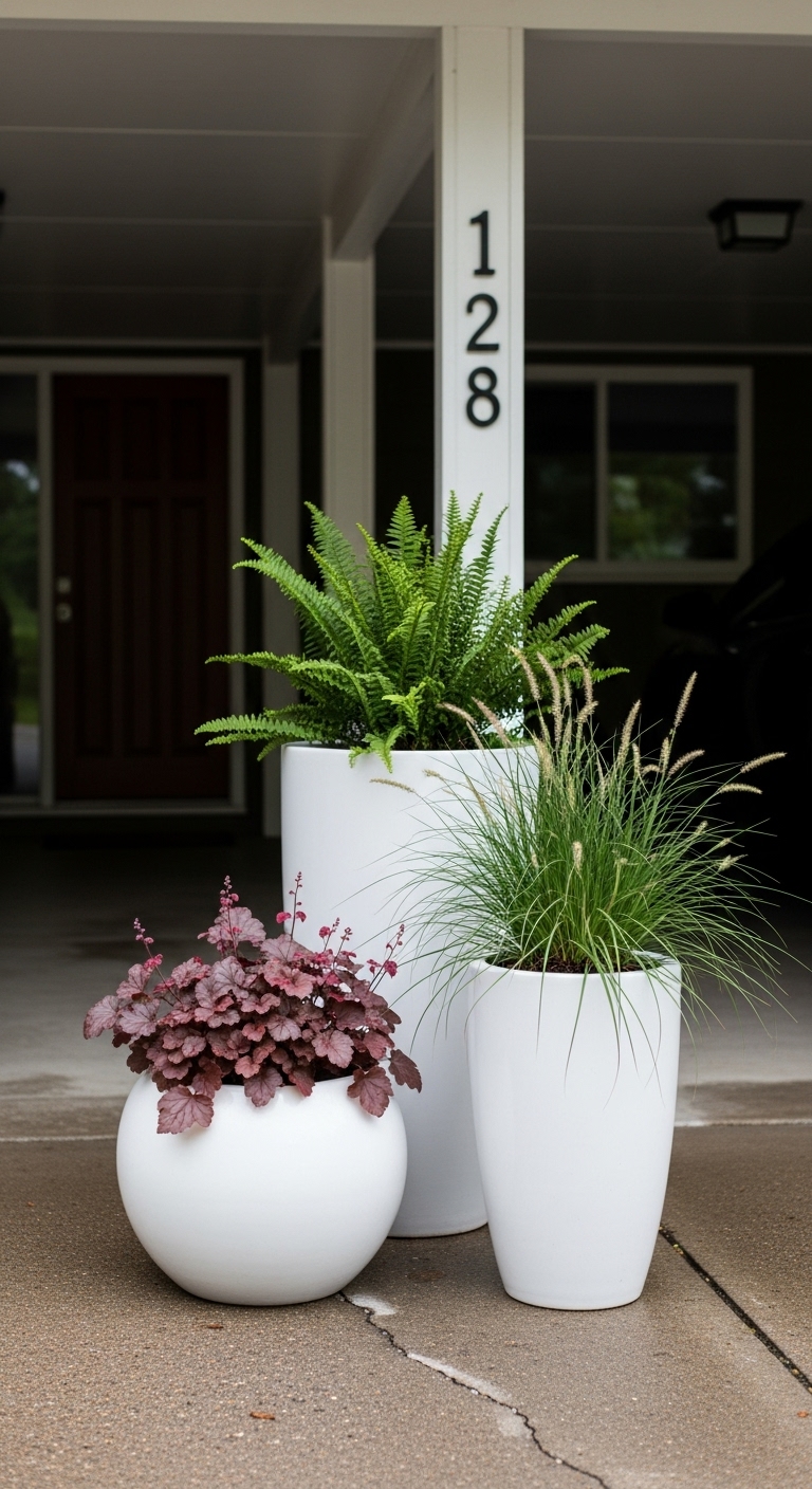 shade fall planters, tallest upright ferns, the medium showcases cascading hakone grass, the shortest features spreading heuchera