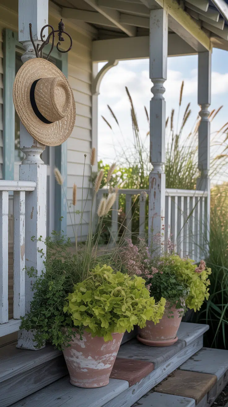 Fall coastal cottage porch with two mixed containers show sturdy leaves, seed heads, and a few late blooms. Salt spray haze sets a casual tone.